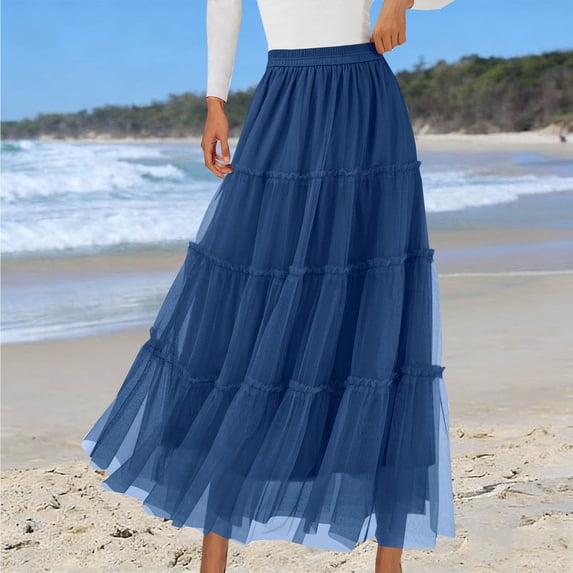 ClodeEU Women's High Waist A Line Tiered Ruffle Maxi Skirt,Flowy Elastic Waist Long Skirt with Pockets Blue,Women's Plus S