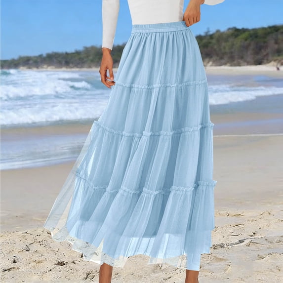 ClodeEU Women's High Waist A Line Tiered Ruffle Maxi Skirt,Flowy Elastic Waist Long Skirt with Pockets Light Blue,Women's Plus L