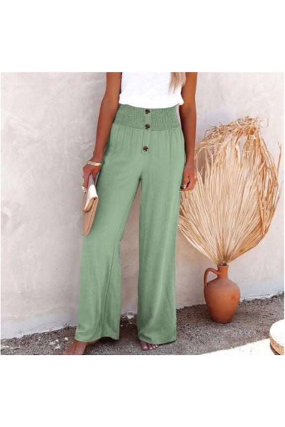 Women's High Waist Button Down Linen Wide Leg Pants,Casual Comfy Lounge Pants Green,Womens Plus XXL