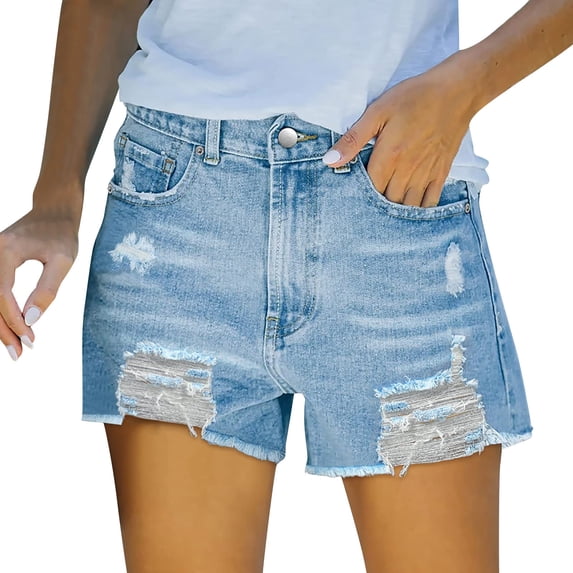 ClodeEU Women's High Waist Distressed Denim Shorts,Frayed Hem Ripped Summer Jean Shorts Light Blue,Women's Plus M
