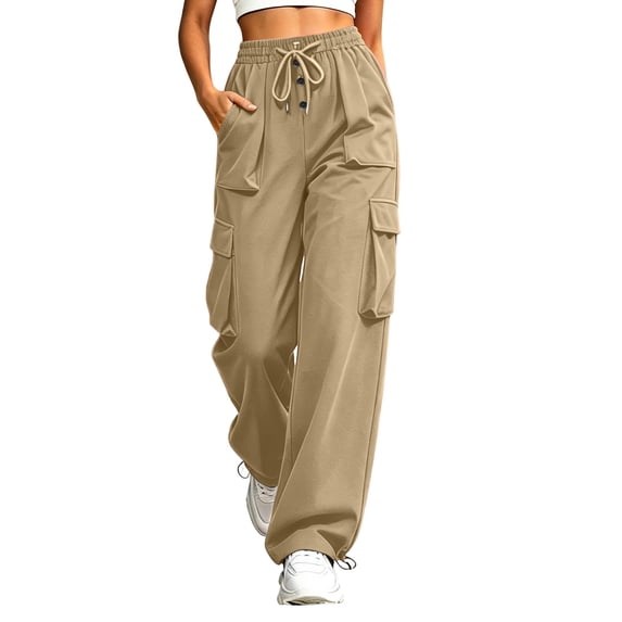 ClodeEU Women's High Waist Drawstring Cargo Pants,Casual Summer Straight Leg Hiking Athletic Pants with Pockets Beige,Women's Plus L