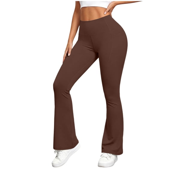 ClodeEU Women's High Waist Flare Leg Yoga Pants,Solid Color Quick Dry Stretch Workout Leggings Brown,Women's Plus XL