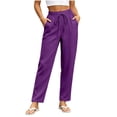 thumbnail image 1 of ClodeEU Women's High Waist Linen Blend Pants with Drawstring,Casual Straight Leg Trousers with Pockets Purple,Women's Plus L, 1 of 5