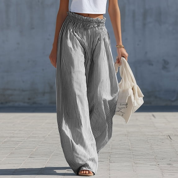 ClodeEU Women's High Waist Linen Blend Striped Wide Leg Pants, Flowly Beach Trousers with Pockets Black,Women's Plus L