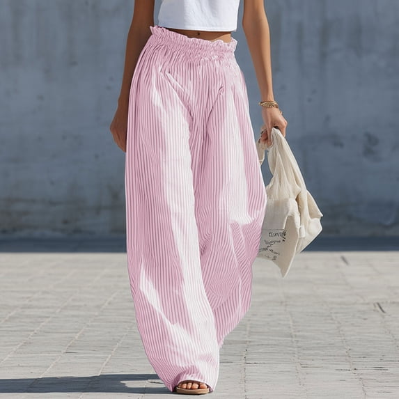 ClodeEU Women's High Waist Linen Blend Striped Wide Leg Pants, Flowly Beach Trousers with Pockets Pink,Women's Plus S