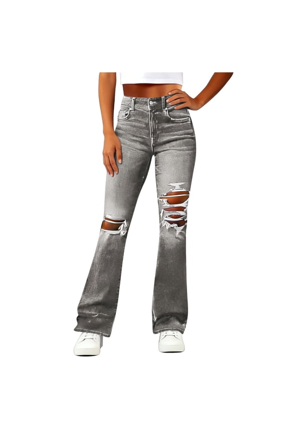 Women's High Waist Ripped Flare Jeans,Vintage Distressed Bootcut Denim Pants Gray,Women's Plus L
