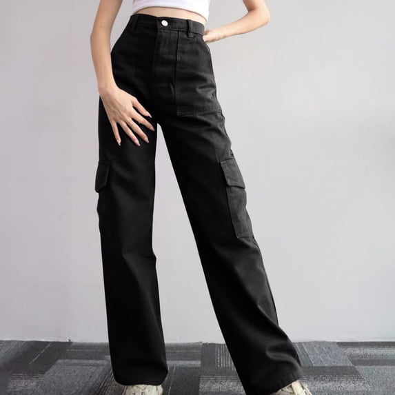 ClodeEU Women's High Waist Straight Leg Cargo Pants, Casual Solid Color Slim Trousers with Pockets Black,Women's Plus XXL