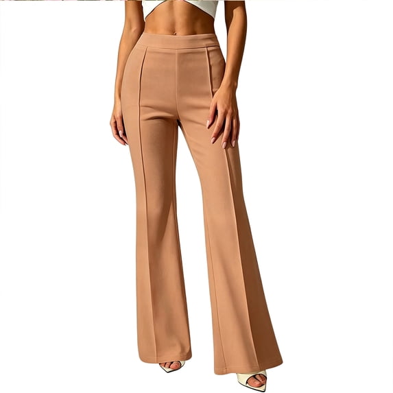ClodeEU Women's High Waist Straight Leg Flare Dress Pants,Casual Business Work Trousers with Pockets Khaki,Women's Plus S