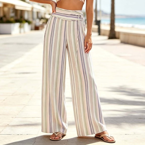 ClodeEU Women's High Waist Striped Wide Leg Pants,Casual Bohemian Vacation Flowy Trousers ,Women's Plus XL
