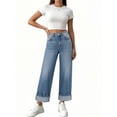 thumbnail image 1 of ClodeEU Women's High Waist Wide Leg Capri Jeans,Cuffed Hem Baggy Denim Cropped Trousers with Pockets Dark Blue,Women's Plus L, 1 of 5