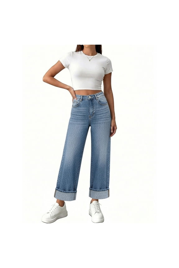 Women's High Waist Wide Leg Capri Jeans,Cuffed Hem Baggy Denim Cropped Trousers with Pockets Dark Blue,Women's Plus M
