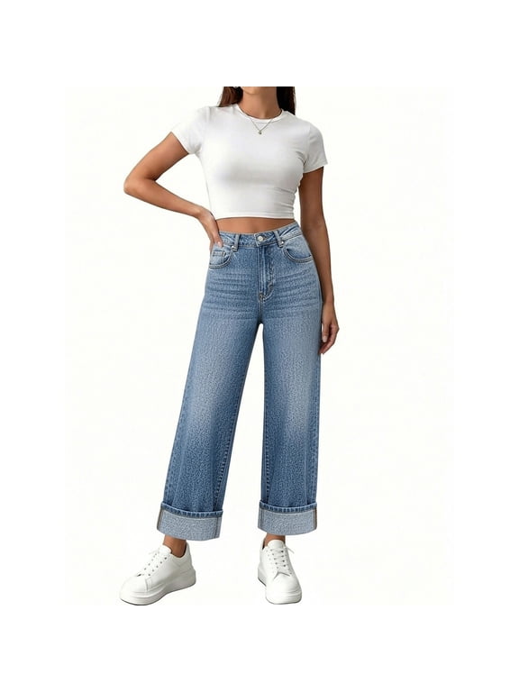 Women's High Waist Wide Leg Capri Jeans,Cuffed Hem Baggy Denim Cropped Trousers with Pockets Dark Blue,Women's Plus XXL