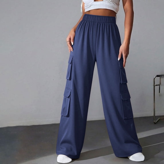ClodeEU Women's High Waist Wide Leg Cargo Pants, Elastic Waist Casual Streetwear Trousers with Pockets Navy,Women's Plus XXL