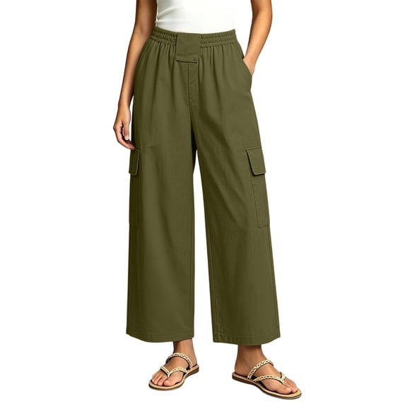 ClodeEU Women's High Waist Wide Leg Cropped Cargo Pants,Casual Elastic Waist Capri Trousers with Pockets Army Green,Women's Plus L