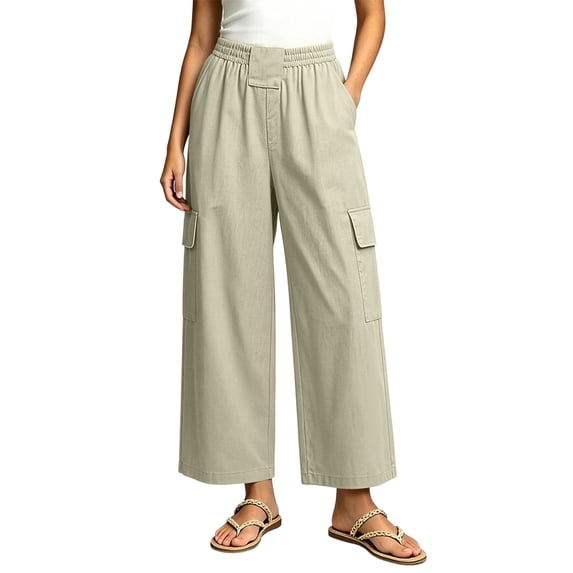 ClodeEU Women's High Waist Wide Leg Cropped Cargo Pants,Casual Elastic Waist Capri Trousers with Pockets Beige,Women's Plus XXL
