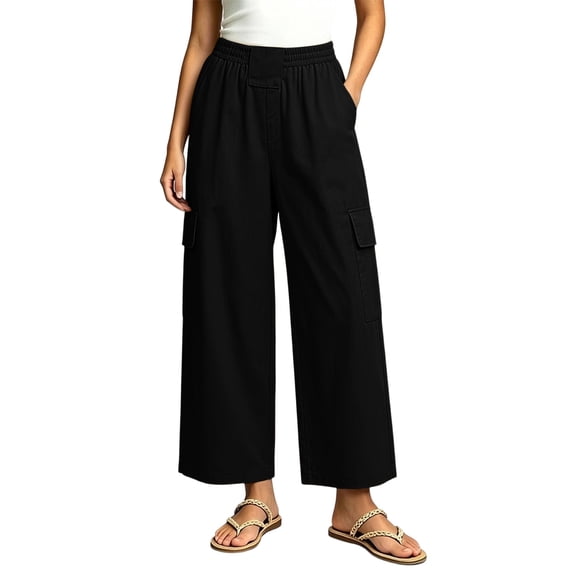 ClodeEU Women's High Waist Wide Leg Cropped Cargo Pants,Casual Elastic Waist Capri Trousers with Pockets Black,Women's Plus XXL