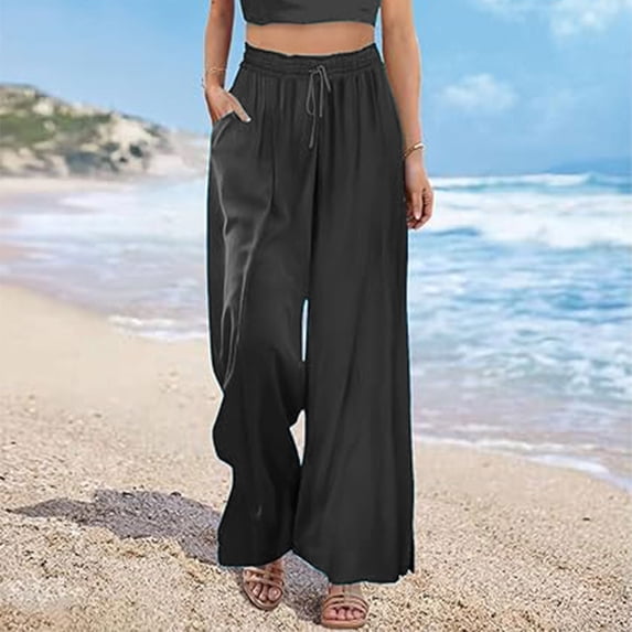ClodeEU Women's High Waist Wide Leg Drawstring Athletic Pants,Casual Beach Trousers with Pockets Gray,Women's Plus S