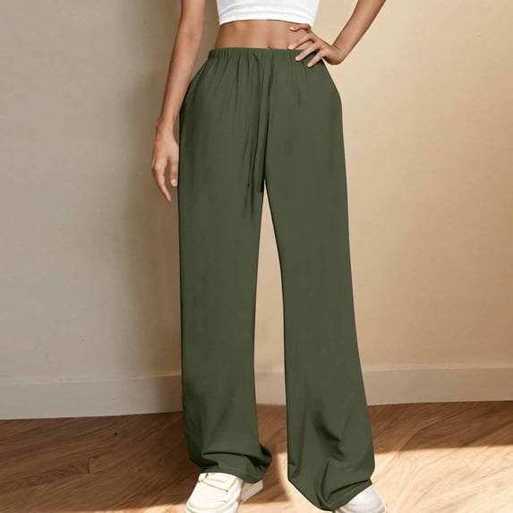 ClodeEU Women's High Waist Wide Leg Pants With Drawstring, Elastic Waist Pants with Pockets ,Casual Loose Trousers Army Green,Womens Plus L