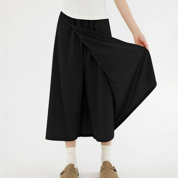 ClodeEU Women's High Waisted A Line Culottes with Elastic Waistband,Casual Loose Fit Pant Skirt Black,Womens Plus M