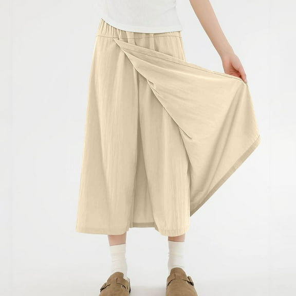 ClodeEU Women's High Waisted A Line Culottes with Elastic Waistband,Casual Loose Fit Pant Skirt Khaki,Womens Plus L