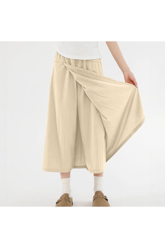 Women's High Waisted A Line Culottes with Elastic Waistband,Casual Loose Fit Pant Skirt Khaki,Womens Plus L