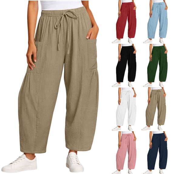 ClodeEU Women's High Waisted Baggy Cropped Pants,Casual Drawstring Elastic Waist Linen Trousers with Pockets Black,Women's Plus L