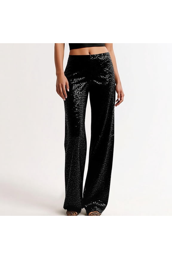Women's High Waisted Bell Bottoms with Sequin ,Elastic Waist Loose Wide Leg Pants Black,Womens Plus S