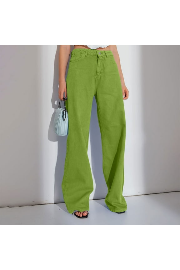 Women's High Waisted Button Down Straight Leg Jeans,Relaxed Casual Fashion Jeans Green,Womens Plus M