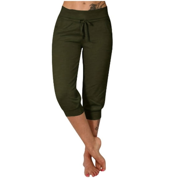 ClodeEU Women's High Waisted Drawstring Capri Leggings ,Slim Fit Casual Athletic Pants with Pockets Army Green,Womens Plus XL