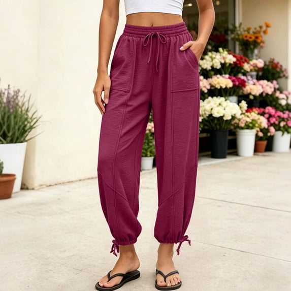 ClodeEU Women's High Waisted Drawstring Joggers,Casual Elastic Waist Loose Fit Harem Pants with Pockets Hot Pink,Women's Plus XXL