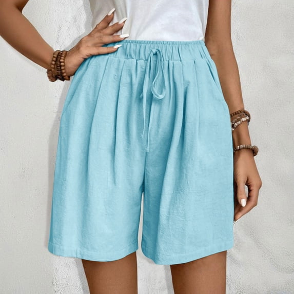 ClodeEU Women's High Waisted Drawstring Loose Fit A Line Wide Leg Shorts, Solid Color Casual Summer Bottoms Sky Blue^,Womens Plus L