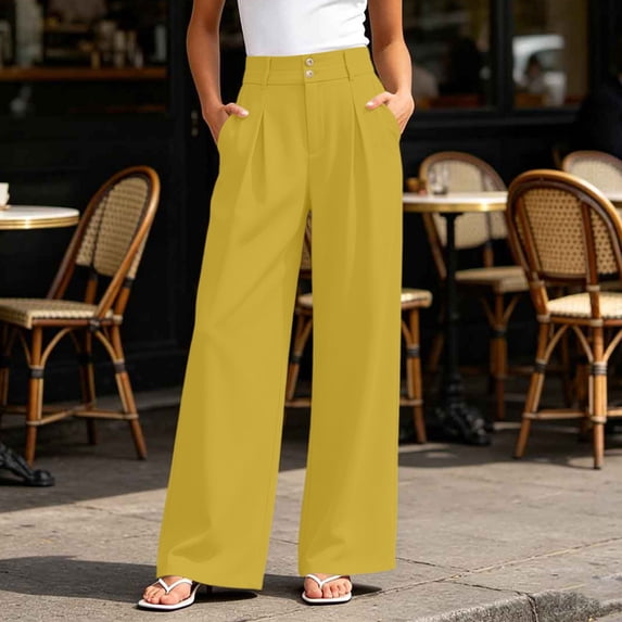 ClodeEU Women's High Waisted Elastic Waist Pleated Wide Leg Pants,Casual Business Trousers with Pockets Yellow,Women's Plus XXXL