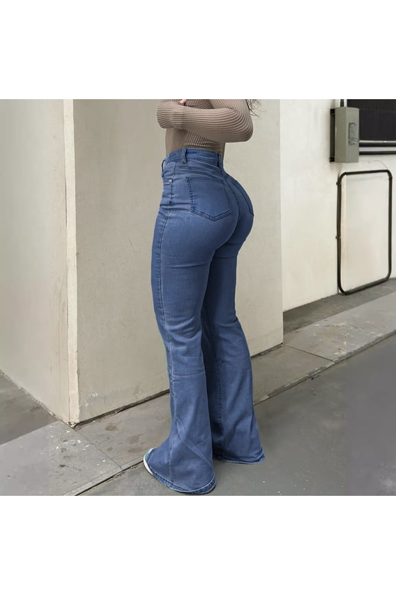 Women's High Waisted Flare Jeans ,Stretch Skinny Fit Denim Bell Bottom Jeans with Pockets Blue,Womens Plus XXL