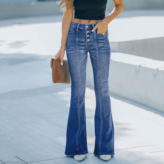 ClodeEU Women's High Waisted Jeans,Stretch Flare Jeans, Tummy Control Button Denim Pants Trousers Blue,Womens Plus S
