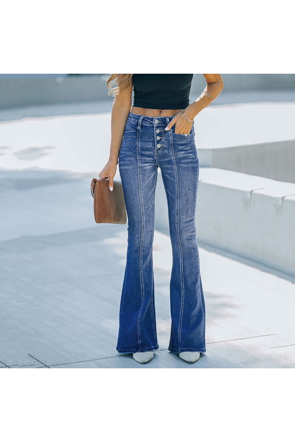 Women's High Waisted Jeans,Stretch Flare Jeans, Tummy Control Button Denim Pants Trousers Blue,Womens Plus XL
