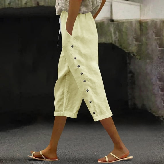 ClodeEU Women's High Waisted Linen Blend Drawstring Elastic Waist Capri Pants with Side Button and Pockets ,Solid Color Casual Cropped Trousers Beige,Womens Plus M