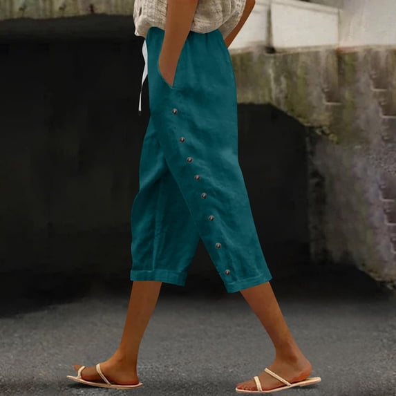 ClodeEU Women's High Waisted Linen Blend Drawstring Elastic Waist Capri Pants with Side Button and Pockets ,Solid Color Casual Cropped Trousers Blue,Womens Plus XXL