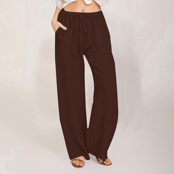 ClodeEU Women's High Waisted Linen Pants ,Wide Leg Drawstring Trousers with Pockets Coffee,Womens Plus XL