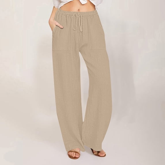 ClodeEU Women's High Waisted Linen Pants ,Wide Leg Drawstring Trousers with Pockets Khaki,Womens Plus XL