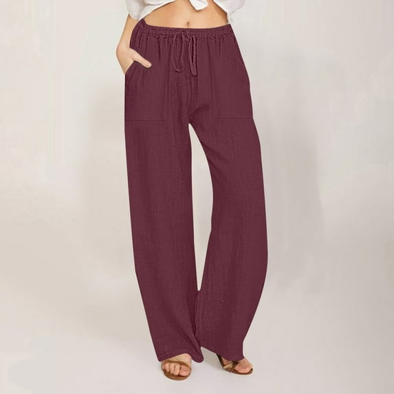 ClodeEU Women's High Waisted Linen Pants ,Wide Leg Drawstring Trousers with Pockets Wine,Womens Plus L