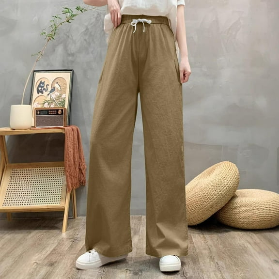 ClodeEU Women's High Waisted Linen Pants ,Wide Leg Trousers With Pockets,Elastic Waist Pant With Drawstring Khaki,Womens Plus XL