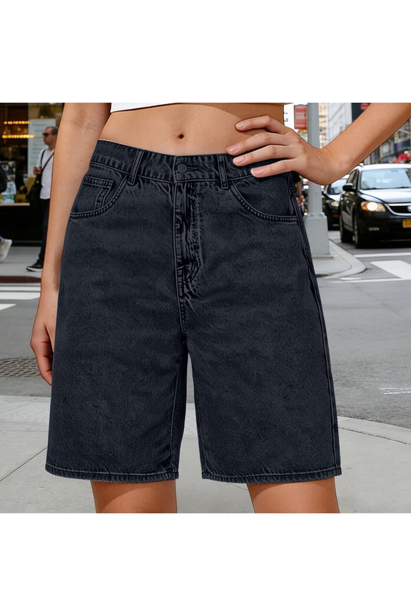 Women's High Waisted Loose Fit Denim Knee Length Shorts, Casual Jean Bermuda Pants Black,Womens Plus S