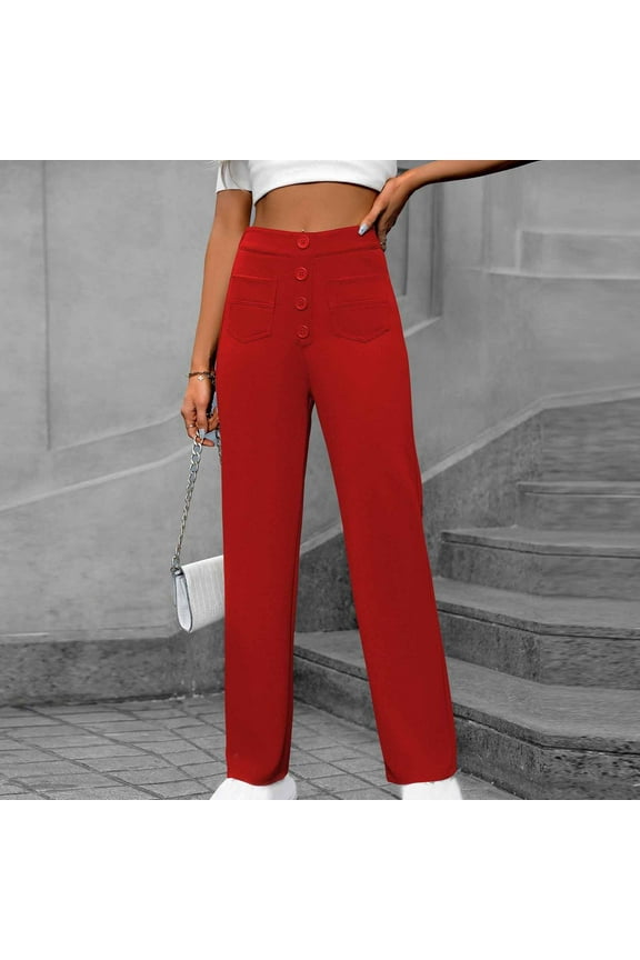 Women's High Waisted Pants,Stretchy Stright Leg Pants ,Casual Work Pants Red,Womens Plus XL