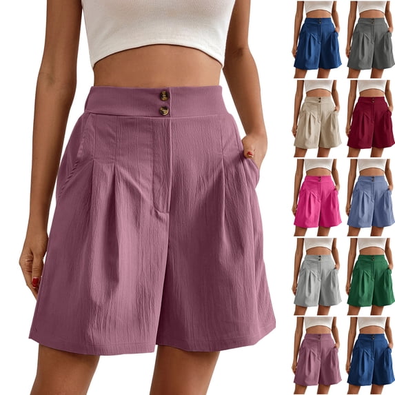 ClodeEU Women's High Waisted Pleated Shorts,Casual Button Fly Loose Fit Wide Leg Shorts with Pockets Blue,Women's Plus L