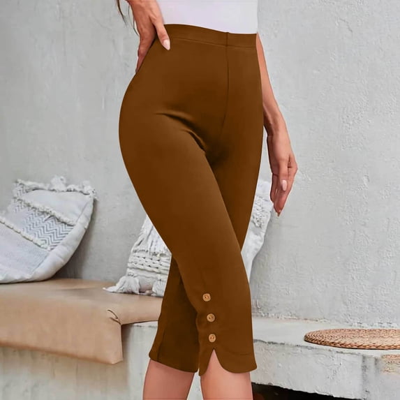 ClodeEU Women's High Waisted Slim Fit Capri Leggings with Button ,Solid Color Summer Layering Pants Brown,Womens Plus XXXL