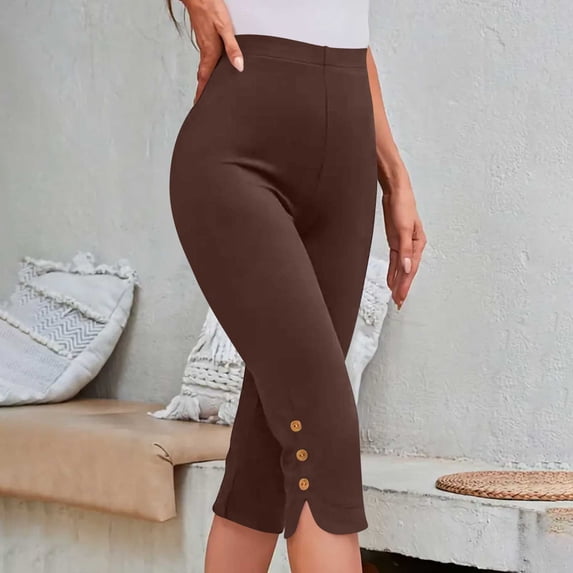 ClodeEU Women's High Waisted Slim Fit Capri Leggings with Button ,Solid Color Summer Layering Pants Brown^,Womens Plus XXXL
