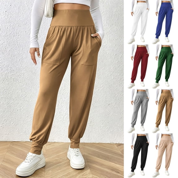 ClodeEU Women's High Waisted Smocked Waist Jogger Pants,Casual Loose Fit Joggers with Elastic Cuffs Beige,Women's Plus L