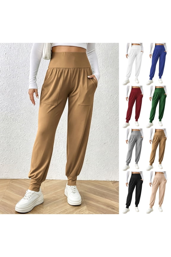 Women's High Waisted Smocked Waist Jogger Pants,Casual Loose Fit Joggers with Elastic Cuffs Beige,Women's Plus XL