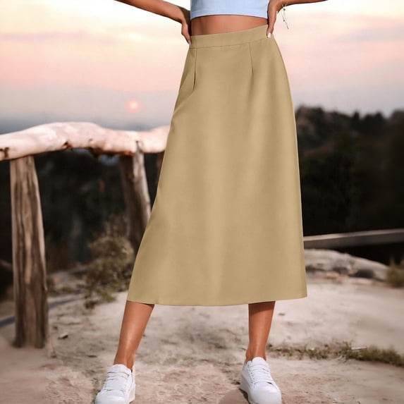 ClodeEU Women's High Waisted Solid A-Line Midi Skirt, Casual Flowy Skirt with Elastic Waist Khaki,Women's Plus XL