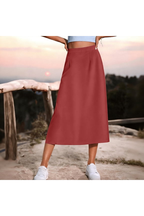 Women's High Waisted Solid A-Line Midi Skirt, Casual Flowy Skirt with Elastic Waist Watermelon Red,Women's Plus XS